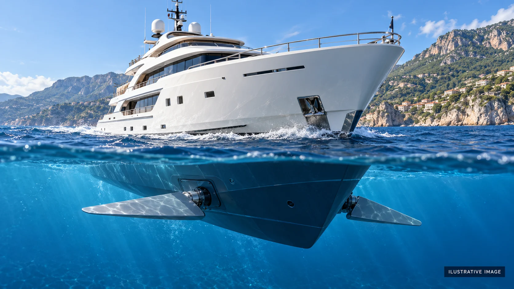 Conceptual yacht stabilization illustration showing fins below the waterline.