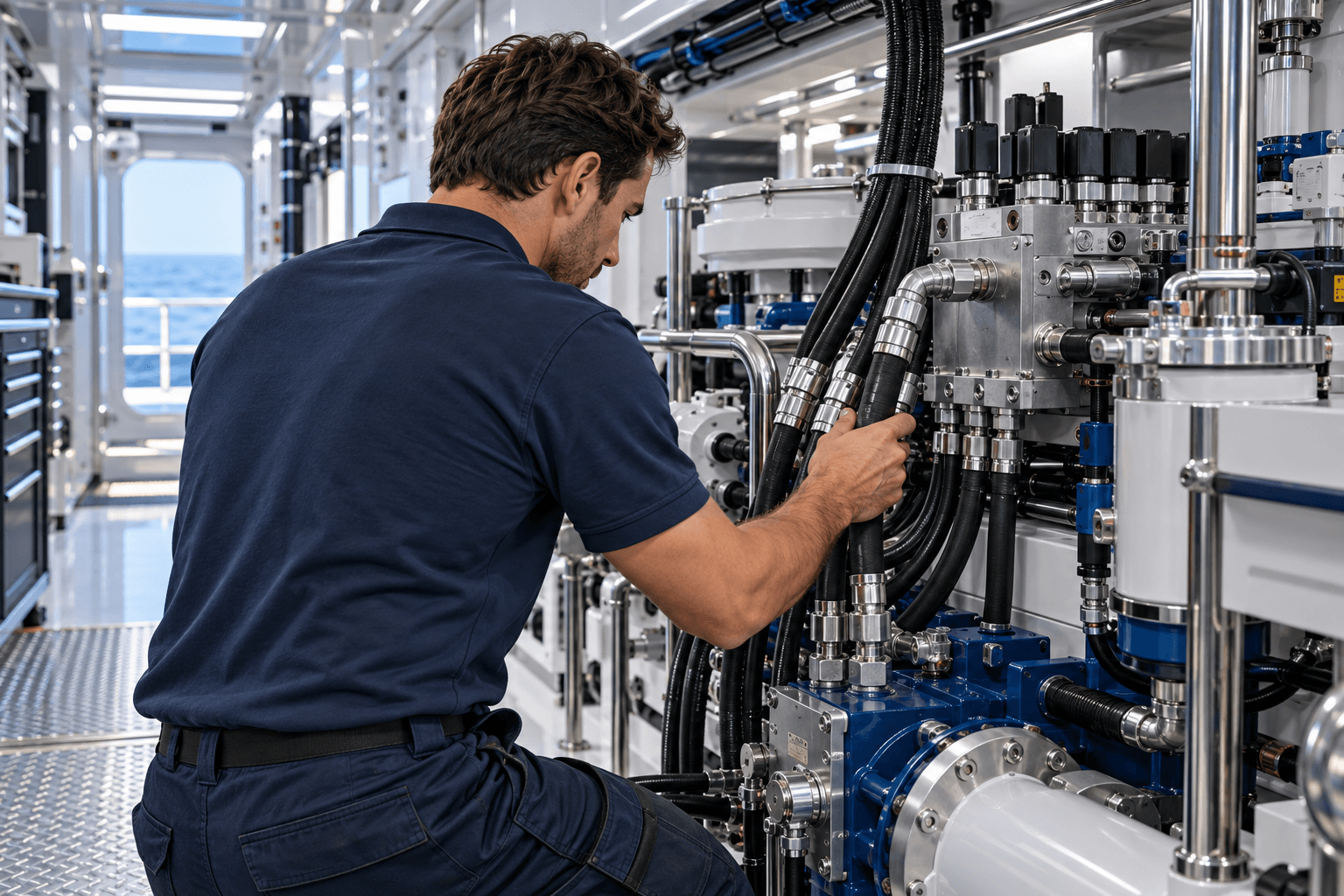 Illustration of a marine technician inspecting hydraulic equipment.