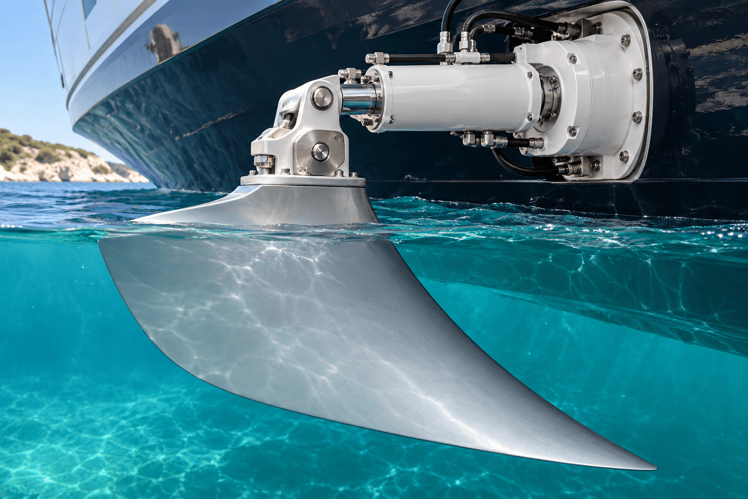 Illustrative fin actuator and stabilizer assembly at the waterline.
