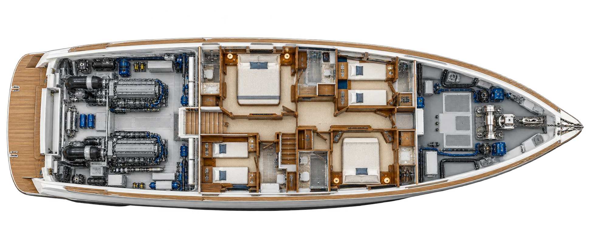 Conceptual overhead yacht cutaway illustrating onboard system integration; not an installation drawing.