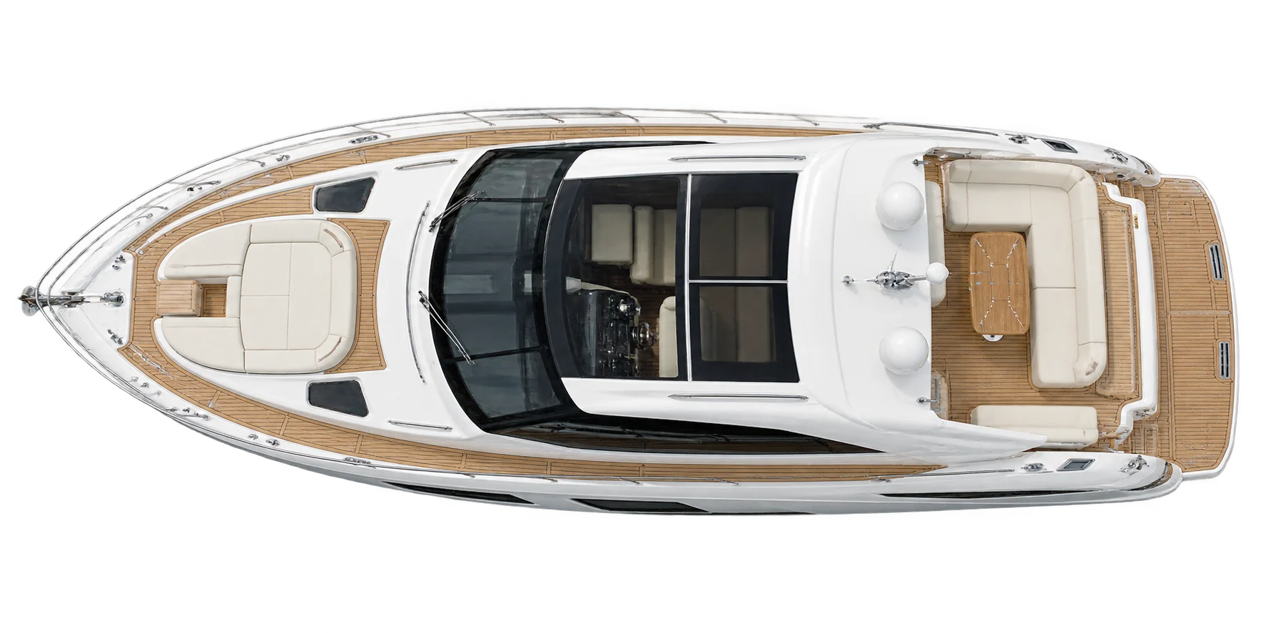 Overhead yacht with bow left and stern right, illustrating conceptual system locations.