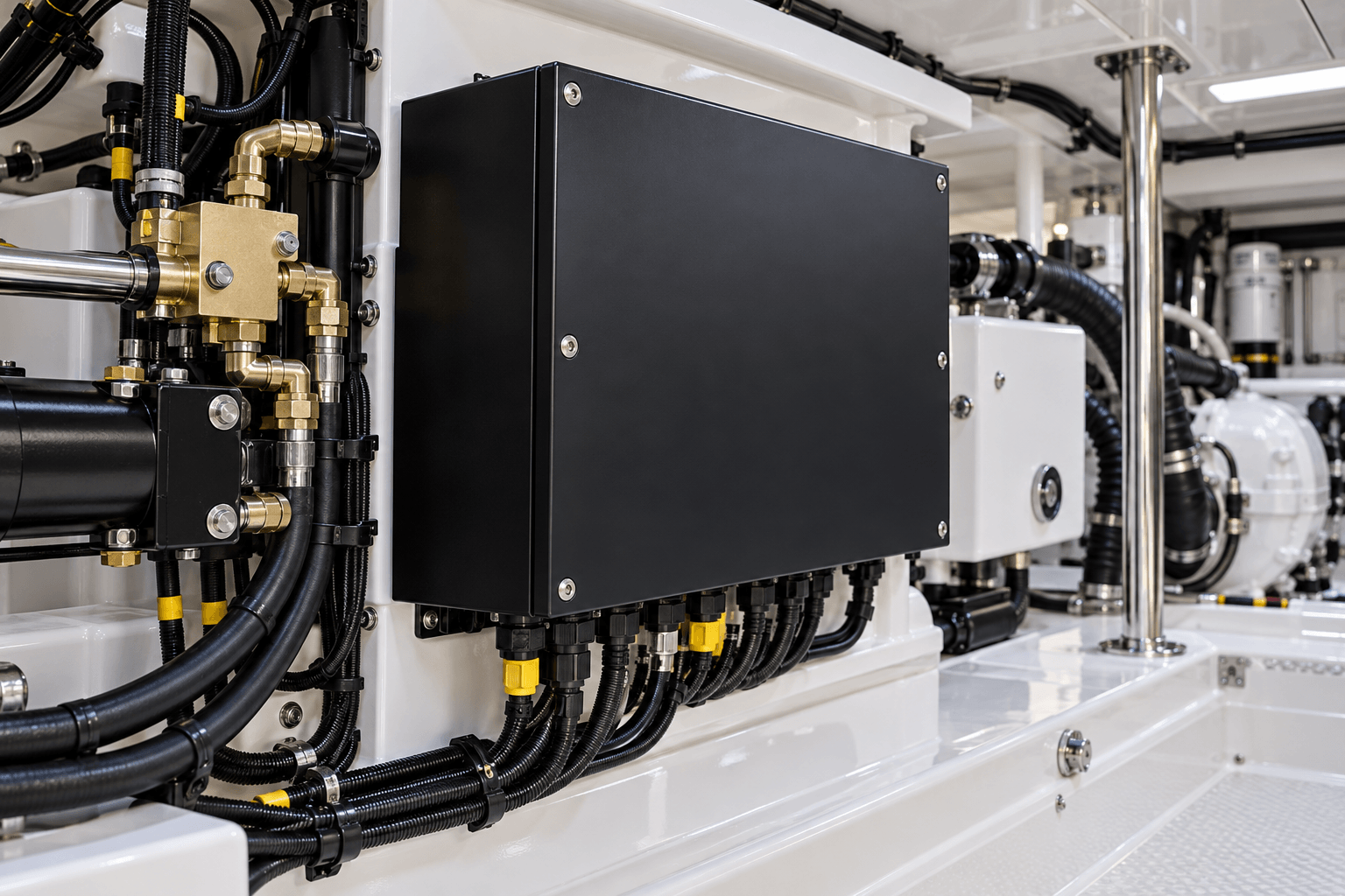 Illustrative marine control cabinet installed in a machinery compartment.