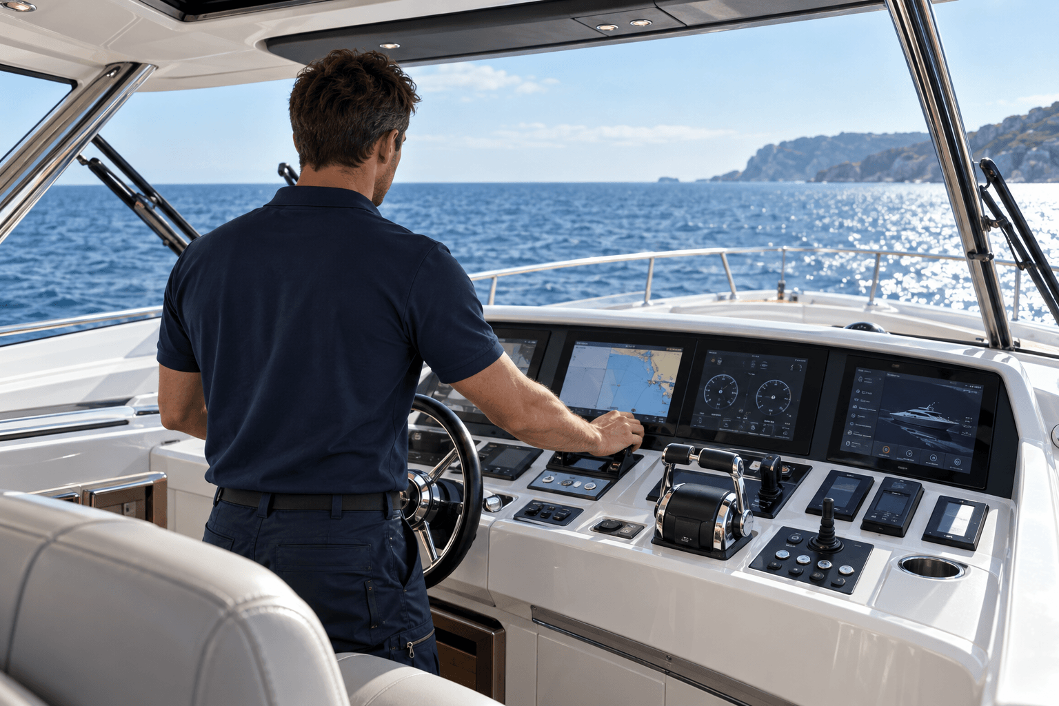 Illustration of a technician checking the controls at a yacht helm.