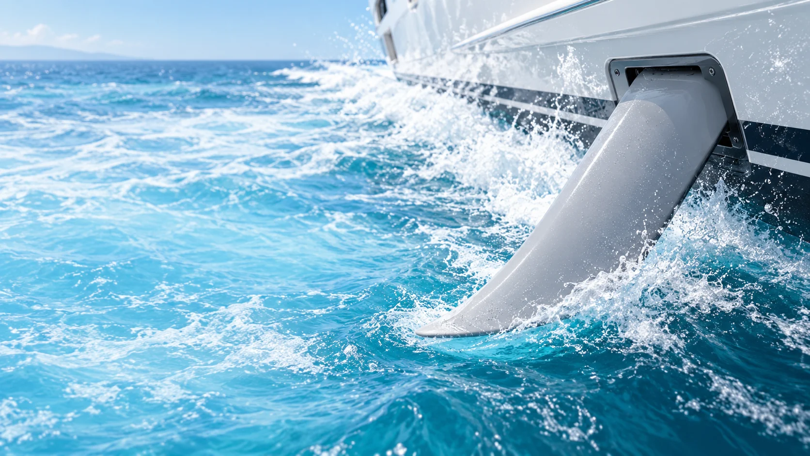 Conceptual curved stabilizer fin at sea illustration; not an official product installation.