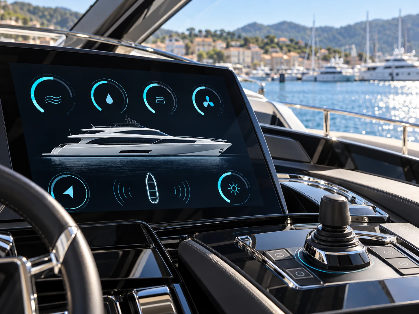 Illustrative yacht touchscreen and joystick; not the official TRACLink interface.