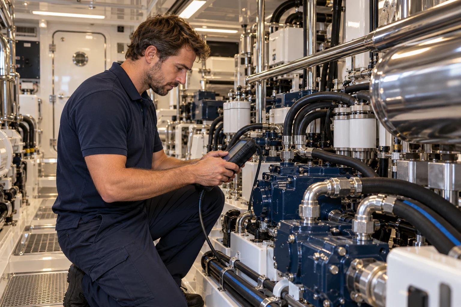 Illustrative marine hydraulic diagnostics scene.