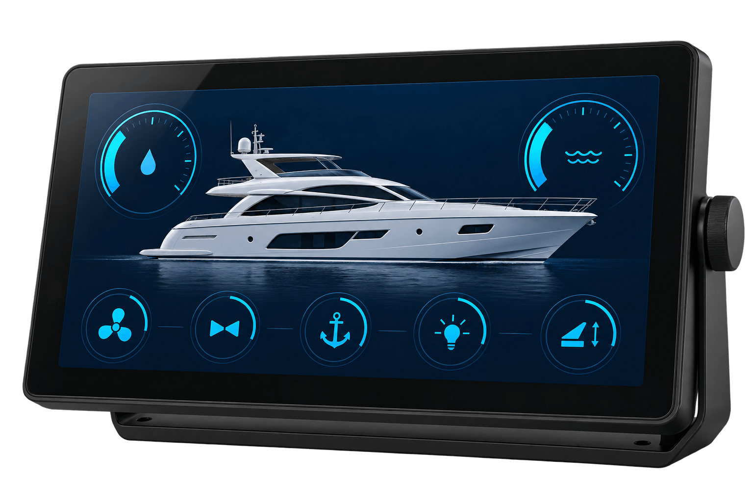 Illustrative marine control display with a yacht graphic and gauges; not an official DCS interface.