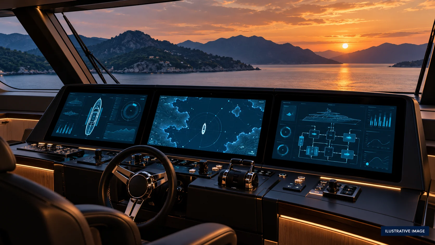 Illustrative yacht bridge displays; not the official CMC Marine control interface.