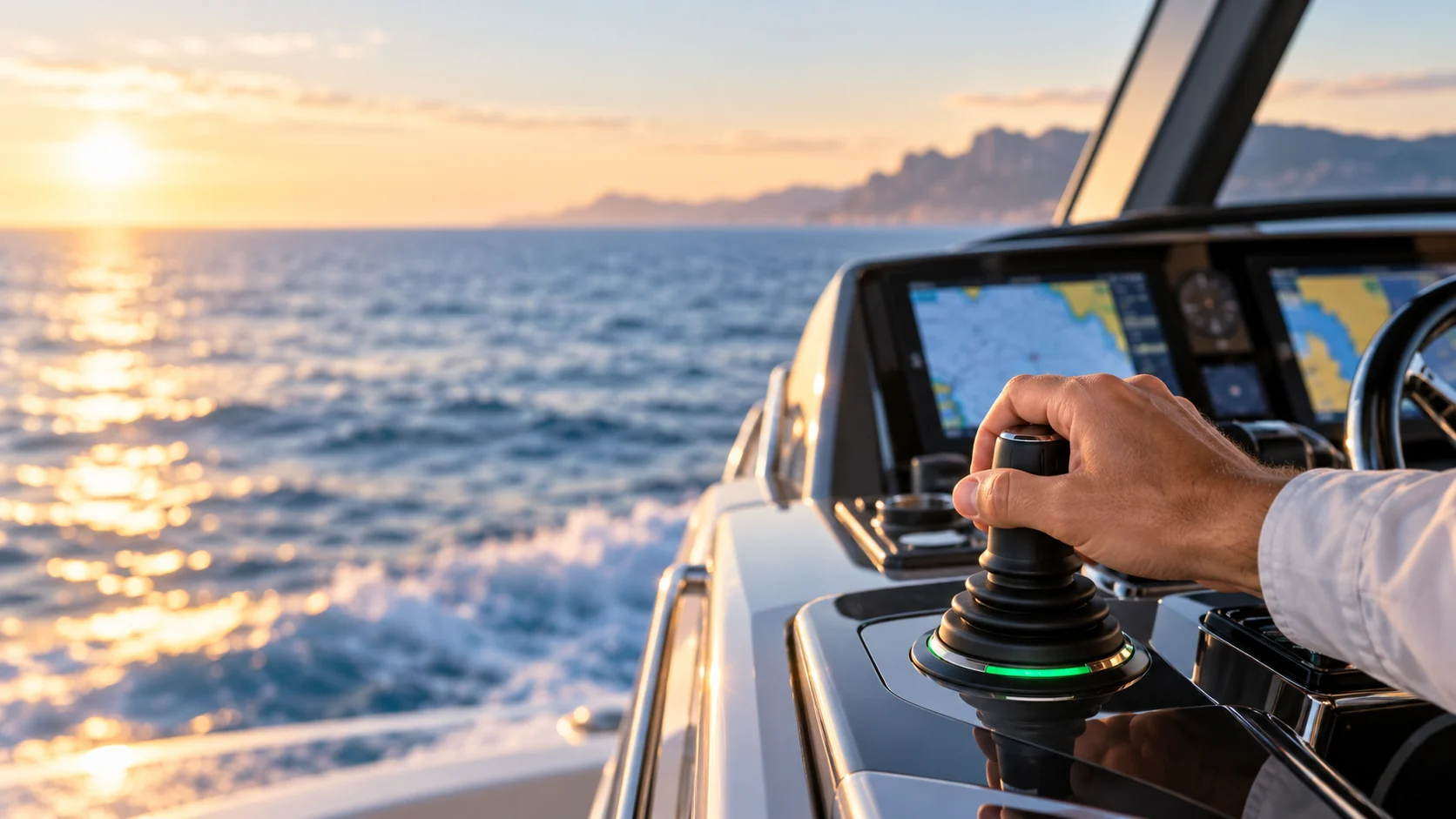 Conceptual marine joystick operation illustration; not an official product installation.