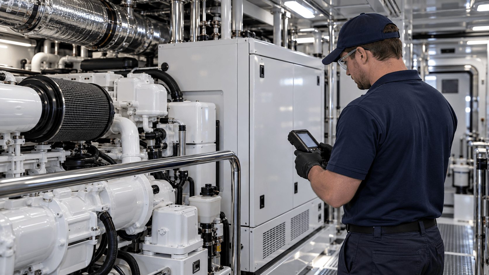 Marine service technician performing an onboard generator inspection