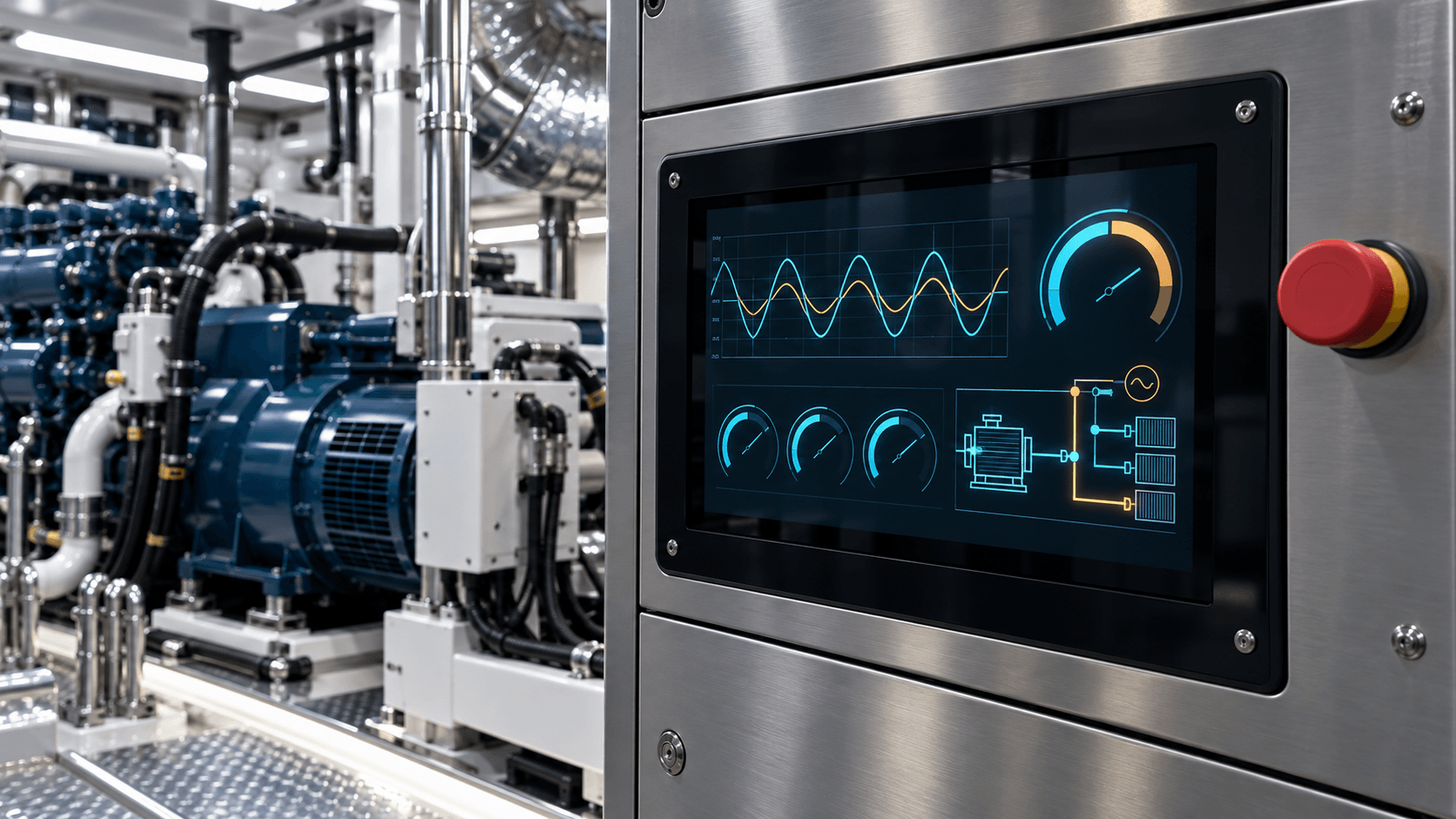 Marine generator diagnostics panel displaying electrical monitoring information