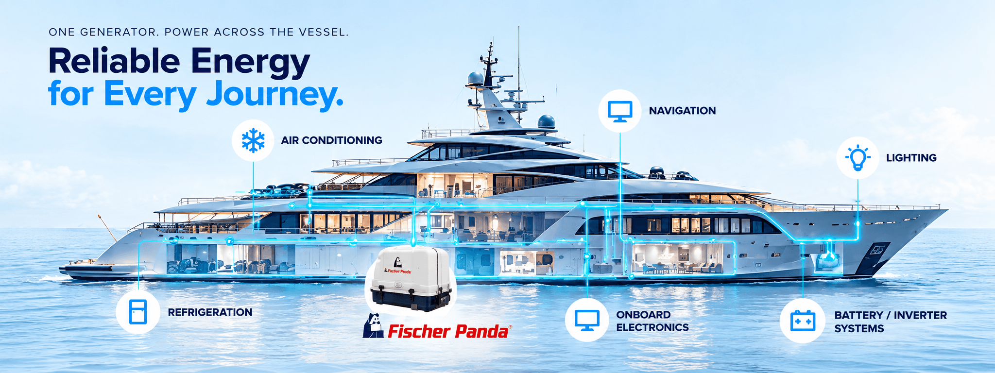 Fischer Panda marine generator supplying air conditioning, refrigeration, navigation, onboard electronics, lighting and battery inverter systems aboard a yacht