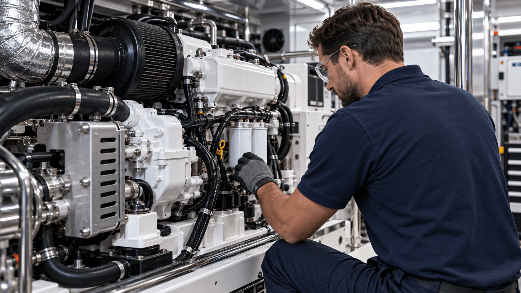 Marine technician inspecting a yacht diesel generator during preventive maintenance