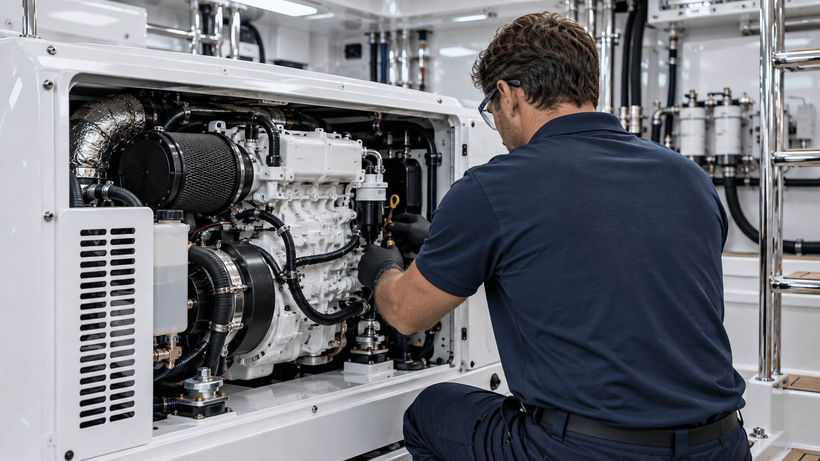 Marine technician inspecting a generator