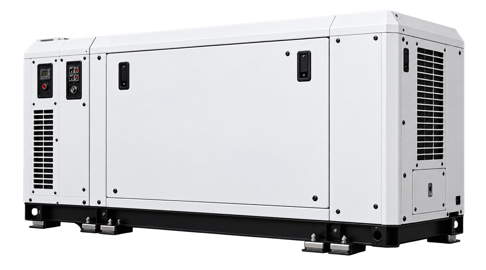 Illustrative enclosed marine diesel generator with white service panels