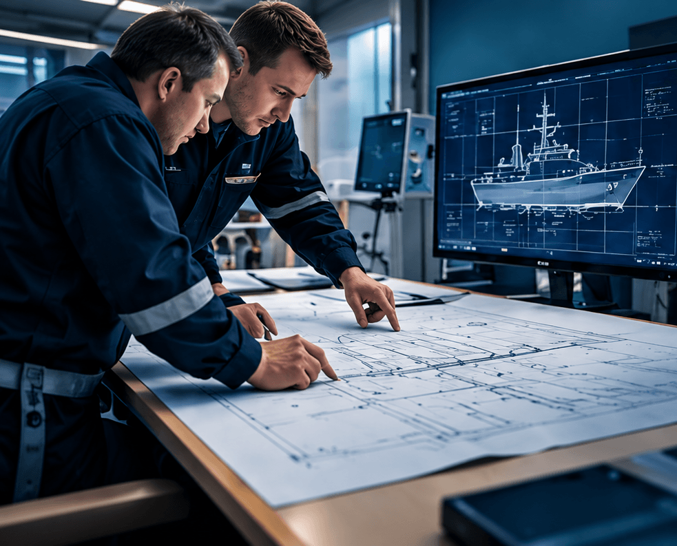 Marine technical specialists reviewing vessel specifications and propulsion documentation